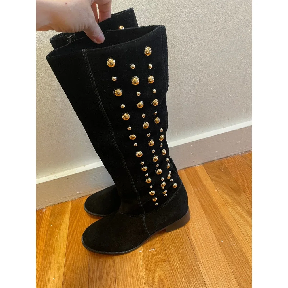 Black Studded Knee-High Boots - Suede Look
